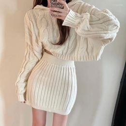 Work Dresses Autumn Two Piece Dress Sets Womens Outifits Winter Hooded Knitted Sweater Wrap Hip Skirt Two-piece Suit Pullover Sexy