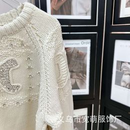 CC Korean Beige Super Beautiful Heavy Industry Bright Diamond Nail Beads Bright Sparkling Thick Round Neck Pullover Knitted Warm Sweater