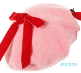 Berets Strawberry Bow Woollen French Beret Hat Wool Cap Handmade Fashion Warm Gift Halloween Christmas