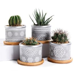 4In Set 2 95Inch Cement Succulent Planter Pots Cactus Plant Pot Indoor Small Concrete Herb Window Box Container With Bamboo Y20072345a