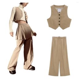 Women's Two Piece Pants Spring Women's Slim Medium Waist Straight Light Brown Casual Thin Stripe Single Breast Short Tank Top Set