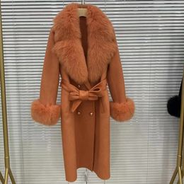 Women's Wool Blends 2023 double breasted Belt Outerwear Cuff Long Women Wool Cashmere Blended Coat Real Fox Fur Collar Fashion Winter Jacket 231129
