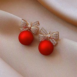 S3874 Fashion Jewellery Sweet Red Faux Pearl Bowknot Stud Earrings For Women Rhinestone Bow Dangle Earrings