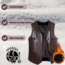 Men's Vests Men Warm Vest Coat Stylish Mid-aged Faux Leather V Neck With Plush Lining Multiple Pockets Windproof Design For Fall