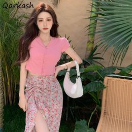 Work Dresses Sets Women Korean Style Sweet Solid All-match College Lovely Girls Short Sleeve Tops And Shirring Summer Asymmetrical Slim