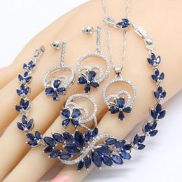 Necklace Earrings Set Dark Blue Semi-precious Silver Colour For Women Wedding Bracelet Rings Pendant