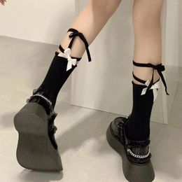 Women Socks Solid Color Black White JK Lolita Sweet Girls Cute Long Stockings Japanese Style Bandage Bowknot Kawaii