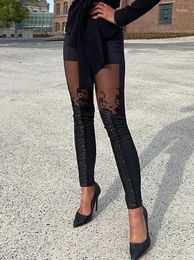 Women's Pants Summer Women 2023 Commuting Fashion Versatile Casual Sexy Sheer Mesh Lace Embroidery Patch Skinny Y2k Pencil Trousers