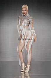 Stage Wear Long Sleeves White Printing Tassel Sexy Nude Jumpsuits For Women Drag Queen Party Cloing Stage Singer Come Pole Dance Wearephemeralew
