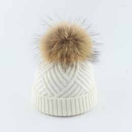 Berets Winter Hat Pompom Baby Boy Girl Knit Beanie Angora Real Raccoon Fur Autumn Warm Outdoor Skiing Accessory