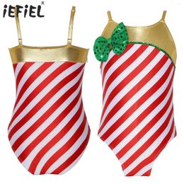 Stage Wear Kids Girls Christmas Striped Jumpsuit Elf Party Santa Shiny Bowknot Bodysuit Gymnastics Ballet Dance Leotard Costume