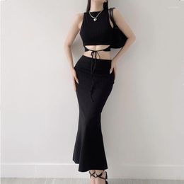 Work Dresses 2 Pieces 1 Set 2023 Summer Sexy Tie Bow Lacing Up Bandage Waist Crop Top Tank Rib Low Package Hips Midi Mermaid Skirt