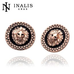 Stud INALIS Rose Gold Color Lion Face Black Background Round Earrings E963-B205Z
