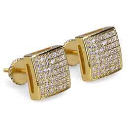 14K Gold Plated Hip Hop Micro Paved CZ Square Curved Back Screw Back Stud Earring for Men Women298e