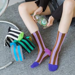 Women Socks Dopamine Colourful Contrast Vertical Stripes Matching Line Design Men And Sports Cotton Mid-tube