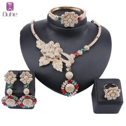 African Jewelry Charm Crystal Necklace Earrings Dubai Gold Jewelry Sets for Women Wedding Bridal Bracelet Ring Jewellry Set281d