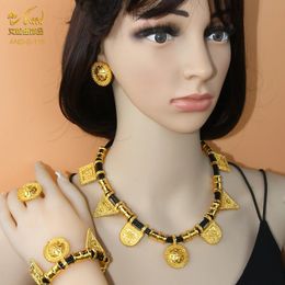 Wedding Jewellery Sets Female African Coin Nigerian Luxury Party Gift Dubai Gold Colour Necklace Earrings Bracelet Ring Jewellery 231128