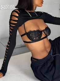 Women's T Shirts SEASONS Black Long Sleeve Cut Out Sexy Slim Crop Top 2023 Summer Women Fashion Y2K Streetwear Nightclub Biker Clothes