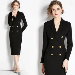 Casual Dresses Button Up Suit Dress Women'S Autumn And Winter Collar High-End Roman Cotton Hepburn French Double Breasted Slim Fitting B