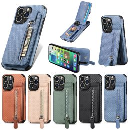 Zipper Carbon Fiber Leather Phone Case For iPhone 15 14 13 12 Mini 11 Pro Max X XS XR 8 7 Plus Wallet Cards Slots Magnetic Kickstand Cover