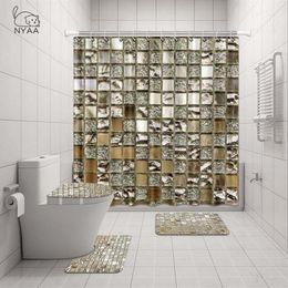 NYAA 4 Pcs Mosaic Decoration Shower Curtain Pedestal Rug Lid Toilet Cover Mat Bath Mat Set For Bathroom Decor Y200407175q