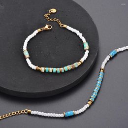 Strand Bohemia Stainless Steel Turquoise Bracelets Handmade Natural Stone With Gold Plated Bead Pearl Bangel For Women Fashion Jewellery