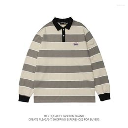 Men's Polos Japanese Vintage Stripe Long Sleeved Lapel Shirt Top For Men Women Loose Trend Streetwear 2023 BF Style Preppy Cotton Sweatshirt