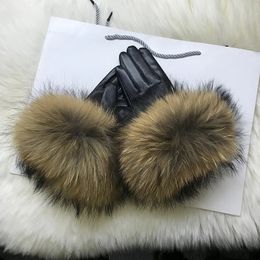 Fingerless Gloves Real Raccoon Fur Gloves Women's Genuine Leather Gloves Fox Fur Big Raccoon Fur Sheepskin Gloves Female Winter Velvet Warm Touch 231128