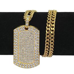 Mens Hip Hop Necklace Jewelry Full Rhinestone Iced Out Dog Tag Pendant Gold Necklaces For Men310g