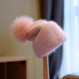 Beanie/Skull Caps Real Fox Fur Pompom Winter Hats for Women Warm Skullies Beanies Angola Rabbit Fur Knitted Thick Cap Christmas Gift for Girl 231128