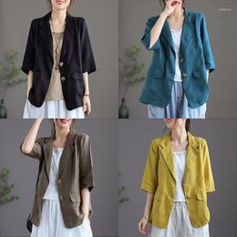 Women's Suits 2023 Literature Art Retro Cotton And Suit Coat Casual Summer Jacket Two Buttons 3/4 Sleeve Linen Tops For Women Z1208