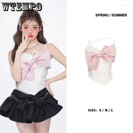 Women's Tanks Pink Bow Sweet Women Short Top Irregular Design Halter Camisole Sexy Spicy Girl Korean Fashion E-girl Summer Drop