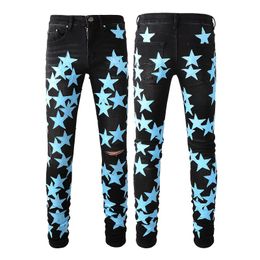 Men high street skin star embroidery washed cotton amiryes black hole jean