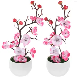 Decorative Flowers 2 Pcs Fake Potted Plant Faux False Realistic Plum Blossom Bonsai Artificial Desktop