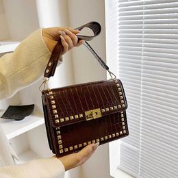 Luxury Leather Valentin Handbag Korean texture rivet popular with stone pattern personalized shoulder 2023 new trendy versatile crossbody women's XMREV