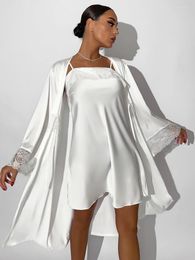 Women's Sleepwear Linad Lace Set Woman 2 Pieces Casual Long Sleeve Robes Women Sexy Spaghetti Strap Night Dress White Patchwork Summer