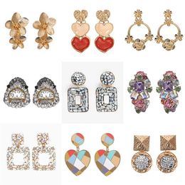 new fashion designer exaggerated vintage geometry diamond colorful rhinestone crystal flower heart pendant stud earrings for women286C