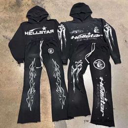 Hellstar Rock Hip Hop Street Hellstar Hoodies Set Washed Flame Letter Print Hooded Pullover Men Women Oversized Hell Star Sweatshirts T 758