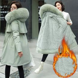 Womens Down Parkas Korean Fur Collar Plush Women Hooded Fleece Liner Winter Jacket Big Size 6xl Warm Padded Coat Snow Wear Long Overcoat 231129