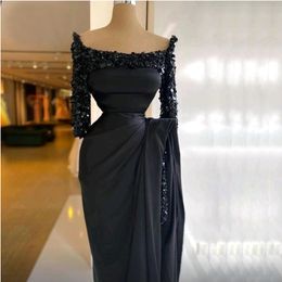Siyah Kare Boyun Denizkızı Gece Elbiseleri 2024 Boncuklu Kristal Yarım Kollu Resmi Elbise Peplum Yan Bölünmüş Uzun Ünlü Elbise