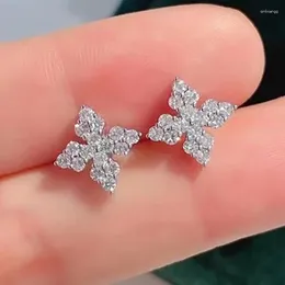 Stud Earrings Simple Crystal Flower Clover For Women Silver Color Shiny Zirconia Piercing Ear Accessories Party Jewelry KAE052
