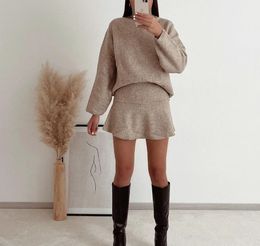 Two Piece Dress XEASY Autumn Women Vintage Casual Two Piece Set Khaki Loose Pullover Sweater Female Streetwear Knitted High Waist Mini Skirt 231129