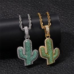 2019 Summer Green Cactus Necklace Iced Out Cubic Zircon Gold White Plated Mens Hip Hop Jewellery Gift212d