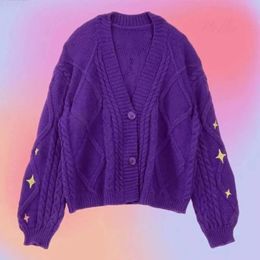 Womens Sweaters Autumn and Winter Purple Sweater Cardigan Coat Single Breasted Star Embroidery Casual Top Solid Colour 231129