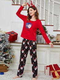 Women's Sleepwear Women Christmas Pyjama Set Santa Claus/Plaid Print Long Sleeves Tops And Elastic Pants Loungewear Soft