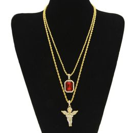Two piece angel Bling Rhinestone Cross Pendant With Red Ruby Pendant Necklace Set Men Fashion Hip Hop Jewelry311d