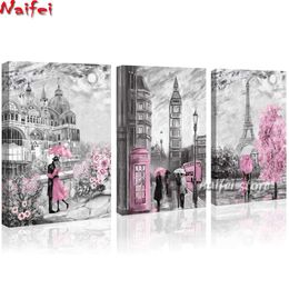 Stitch Paris Tower Pink Lovers Decor 5D DIY Diamond Painting Full Square Drill Diamond Embroidery Portrait Diamond Mosaic Triptych