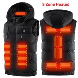 Men's Jackets 9 Zone Heated Women Sleeveless Waistcoat Heated Jacket Men USB Warm Clothes Winter Outdoor Electric Heating Vest Hooded M-7XL 231128