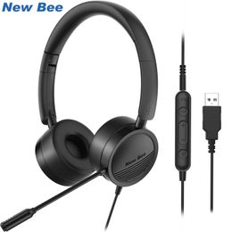 Headsets Bee USB Headset with Microphone for PC 3.5mm Business Headsets with Mic Mute Noise Cancelling for Call Center Headphones 231128