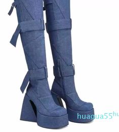 Boots Womens Denim Jeans Buckle Platform Over the Knee Thigh Super High Heels Luxury